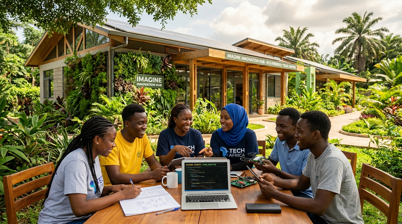 Young African tech students collaborating outside a modern eco-friendly center